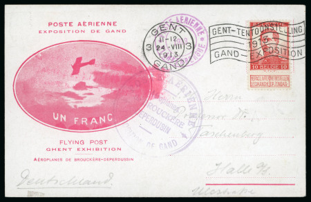 Stamp of Belgium 1913 (Aug 24) Pioneer airmail during World Expo: Special 1fr rose-red airmail card with 10c red tied by GAND 24.8.13 EXPO machine cancel