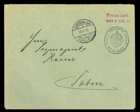 Stamp of Germany » German Colonies » German East Africa 1915-16, German Administration group incl. "Frankiert / mit 7 1/2H" frank hs in reddish purple on cover sent from Dar-es-Salaam to Tabora