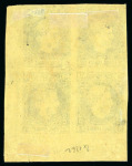 Stamp of Romania » 1866-67 Prince Carol I - Coloured Papers 1866 2par black on yellow thin paper, mint block of four from the lower right hand corner of the printing sheet,
