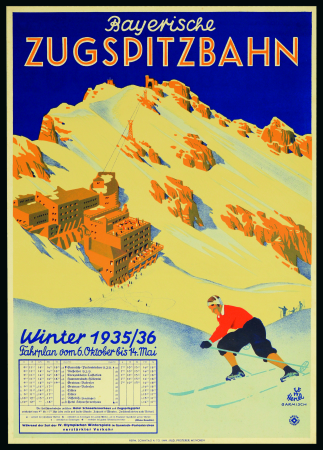 Stamp of Olympics » 1936 Garmisch-Partenkirchen "Bayerische Zugspitzbahn" poster, 42x60cm, showing the Zugspitze mountain in Garmisch-Partenkirchen