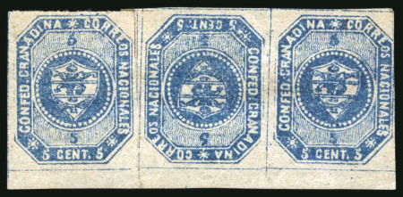 Stamp of Colombia 1859 5c indigo, stone B, horizontal tête-bêche strip of three mint