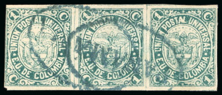 Stamp of Panama 1881 Colombia 1c green, strip of three used