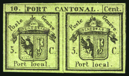 Stamp of Switzerland / Schweiz » Kantonalmarken » Genf 1843 Doppelgenf 5+5C schwarz auf gelbgrün, ungebraucht ohne Gummi