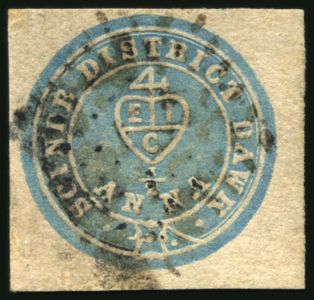 Stamp of India 1852 Scinde Dawk 1/2a blue, fine to large margins, cancelled by lozenge of dots