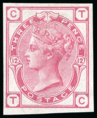 Stamp of Great Britain » 1855-1900 Surface Printed » 1873-80 Large Coloured Corner Letters 1873 3d Rose pl.12 TC imperforate imprimatur, mint o.g.
