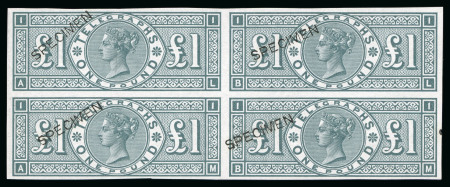 Stamp of Great Britain » Telegraphs 1877 £1 "Telegraph" colour trial in in grey-green  in mint n.h. imperforate block of four overprinted "SPECIMEN" type 8