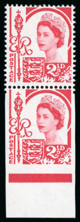 Stamp of Great Britain » Channel Islands » Jersey 1958 2 1/2d Carmine-red lower marginal vertical pair with bottom stamp showing variety imperf. on three sides