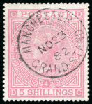 Stamp of Great Britain » 1855-1900 Surface Printed » 1867-83 High Values 1882 5s Rose pl.4 DC on blued paper, beautifully cancelled by a crisp Manchester Grandstand cds