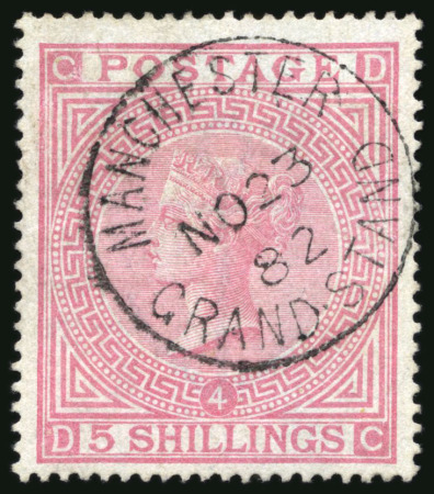 Stamp of Great Britain » 1855-1900 Surface Printed » 1867-83 High Values 1882 5s Rose pl.4 DC on blued paper, beautifully cancelled by a crisp Manchester Grandstand cds