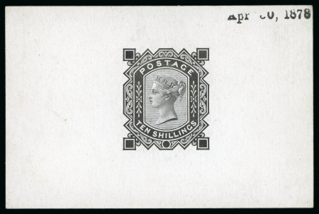 Stamp of Great Britain » 1855-1900 Surface Printed » 1867-83 High Values 1878 10s De La Rue die proof in black on white glazed card,