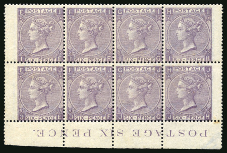 Stamp of Great Britain » 1855-1900 Surface Printed » 1865-67 Large Uncoloured Corner Letters, Wmk Large Garter & Emblems 1865-67 6d Lilac pl.5 IE/JH in mint lower marginal block of eight with marginal inscription
