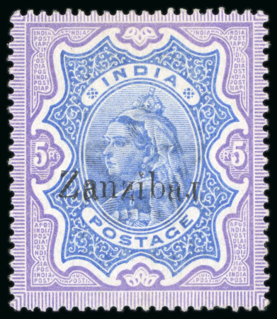 Stamp of Zanzibar » The Zanzibar Post Office (1895-1964) 1895-96 5r ultramarine and violet, type 1 opt on India, showing error 'r' inverted, mint
