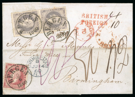 Stamp of Norway 1860 Wrapper to England franked with 1856-57 3sk vertical pair and 8sk tied by Bergen cds