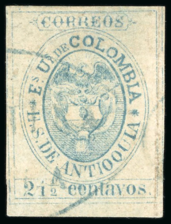 Stamp of Colombia » States - Antioquia 1868, 2 1/2c blue, position 23, used with handstamp
