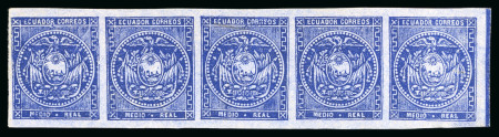 Stamp of Ecuador 1869-73, 1/2r ultramarine, two unused marginal strips of four and five
