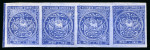 Stamp of Ecuador 1869-73, 1/2r ultramarine, two unused marginal strips of four and five