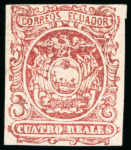 Stamp of Ecuador 1867, 4r brown-red, mint single, and 1869 4r red, used
