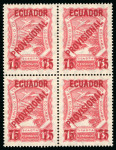 Stamp of Ecuador 1928, 75c on 15c carmine, mint block of four 
