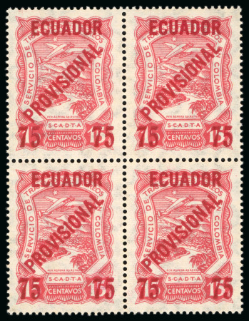 Stamp of Ecuador 1928, 75c on 15c carmine, mint block of four 