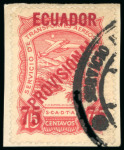 Stamp of Ecuador 1928, 75c on 15c carmine, mint block of four 