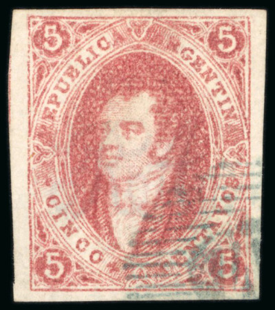 Stamp of Argentina » General issues 1864, First Printing imperforate, 5c rose, used