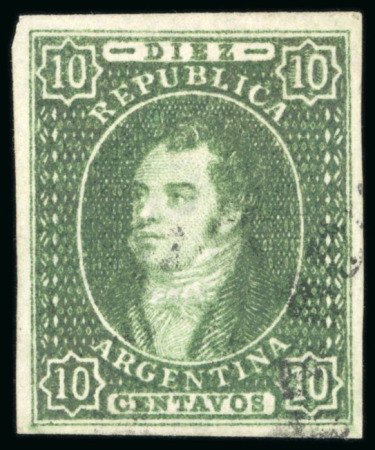 Stamp of Argentina » General issues 1864, First Printing imperforate, 10c green, used