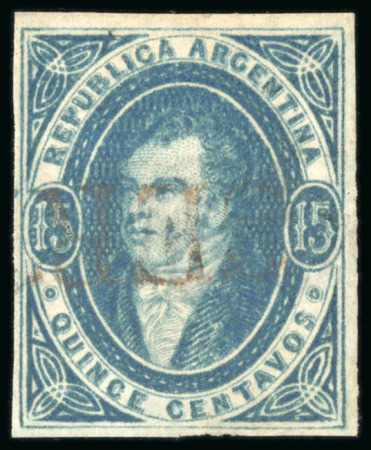 Stamp of Argentina » General issues 1864, First Printing imperforate, 15c blue, used