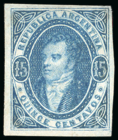 Stamp of Argentina » General issues 1864, First Printing imperforate, 15c blue, unused without gum