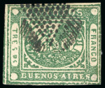 Stamp of Argentina » Buenos Aires 1858, 3p ("Tres") green, uncommonly deep shade, used