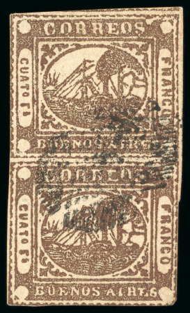 Stamp of Argentina » Buenos Aires 1858, 4r ("Cuato") brown, vertical pair, clipped at