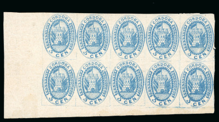 Stamp of Argentina » Cordoba 1858, 5c blue, horizontal block of ten from the lower