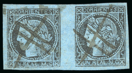 Stamp of Argentina » Corrientes 1856, 1r blue, a well margined pair cancelled and two singles on cover