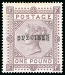 Stamp of Great Britain » 1855-1900 Surface Printed » 1867-83 High Values 1867-83, £1 brown-lilac FF, wmk MC, with "SPECIMEN" type 9 hs