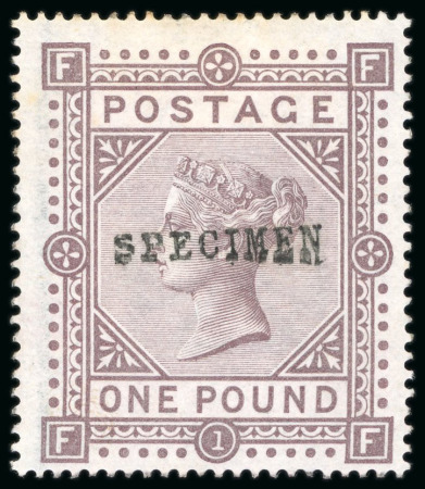 Stamp of Great Britain » 1855-1900 Surface Printed » 1867-83 High Values 1867-83, £1 brown-lilac FF, wmk MC, with "SPECIMEN" type 9 hs