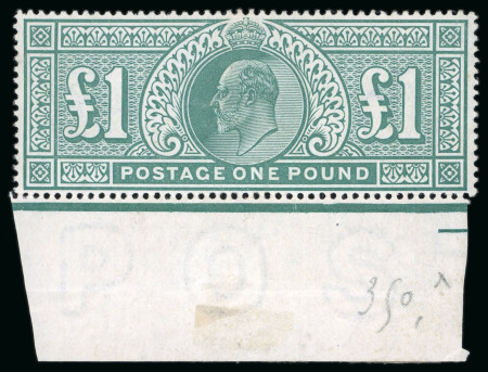 Stamp of Great Britain » King Edward VII » 1902-10 De La Rue Issues 1902-10, De La Rue £1 dull blue-green mint o.g. lower marginal