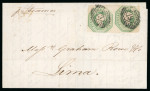 Stamp of Great Britain 1847-54, 1s Embossed pair, cut into at bottom of one and top of other, tied to 1856 (Sep 16) entire from London to Peru