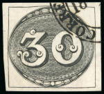 Stamp of Brazil 1843, 30r black, intermediate impression, a very pleasant
