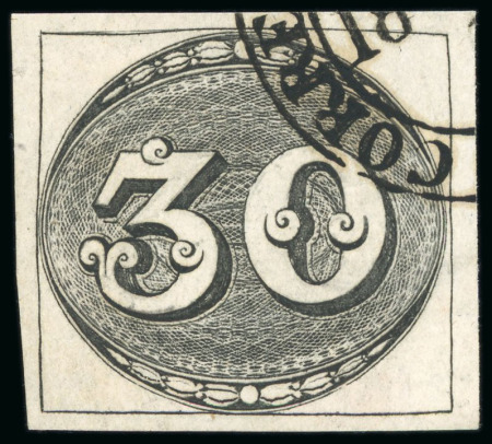 Stamp of Brazil 1843, 30r black, intermediate impression, a very pleasant