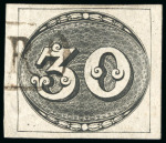 Stamp of Brazil 1843, 30r black, intermediate impression, used with rare and inidstinct cancel