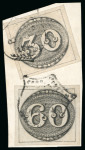 Stamp of Brazil 1843, 30r black, worn impression together with 60r