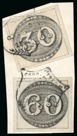Stamp of Brazil 1843, 30r black, worn impression together with 60r