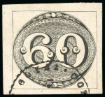 Stamp of Brazil 1843, 60r black, worn impression, a magnificent example