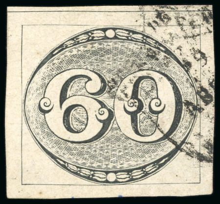 Stamp of Brazil 1843, 60r black, worn impression, used at Pernambuco