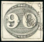 Stamp of Brazil 1843, 90r black, worn impression, clear to predominantly