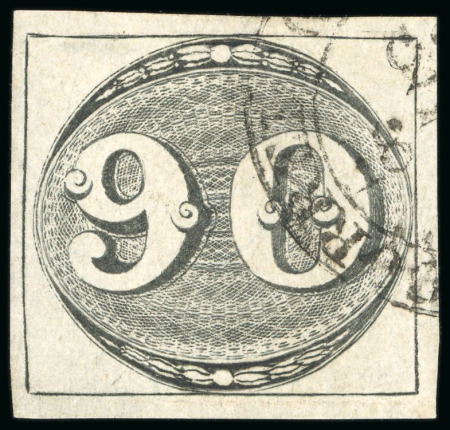 Stamp of Brazil 1843, 90r black, worn impression, clear to predominantly