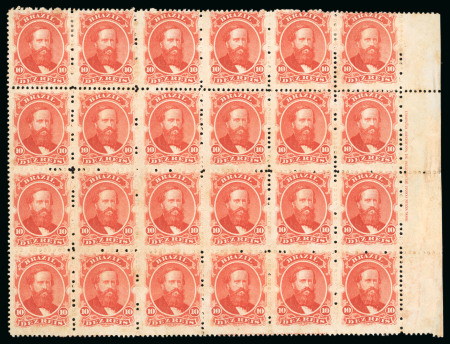 Stamp of Brazil 1866, 10r vermilion, a magnificent marginal block of 24 mint