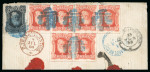 Stamp of Brazil 1878-79, 10r vermilion, irregular block of six and 200r black on piece