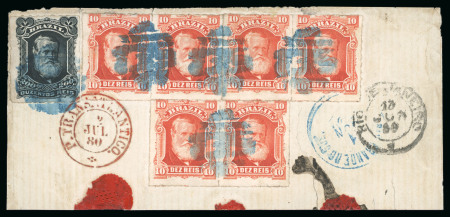 Stamp of Brazil 1878-79, 10r vermilion, irregular block of six and 200r black on piece
