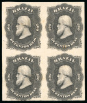 Stamp of Brazil 1866, 200r black, plate proofs in block of four