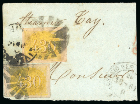 Stamp of Brazil 1854-61, 430r yellow, an appealing trio including two singles used8mint and two on piece
